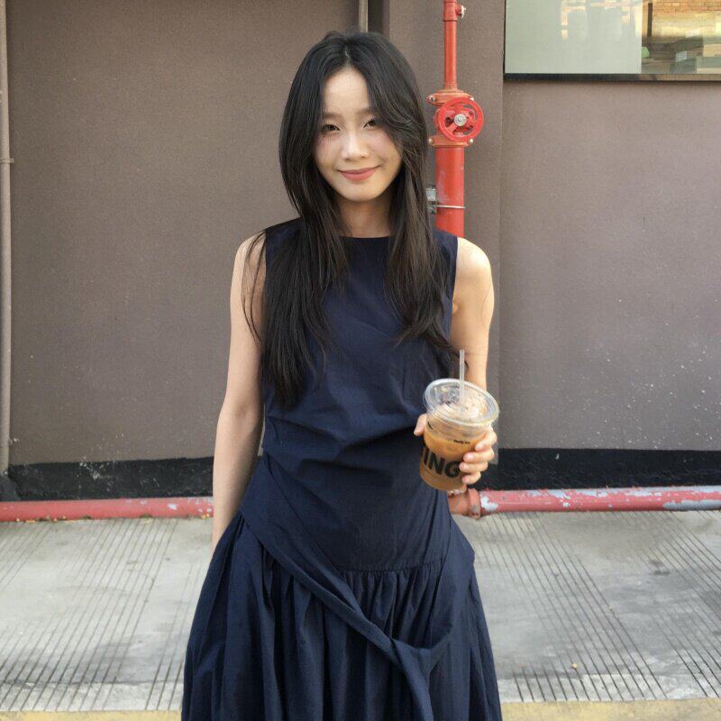日系复古藏青色无袖背心裙夏季小个子通勤宽松收腰系带吊带裙