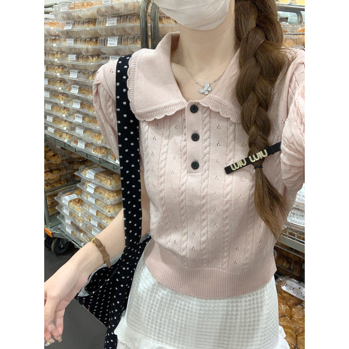 法式夏季甜美麻花短款娃娃领T恤女设计感针织小衫短袖学院风上衣