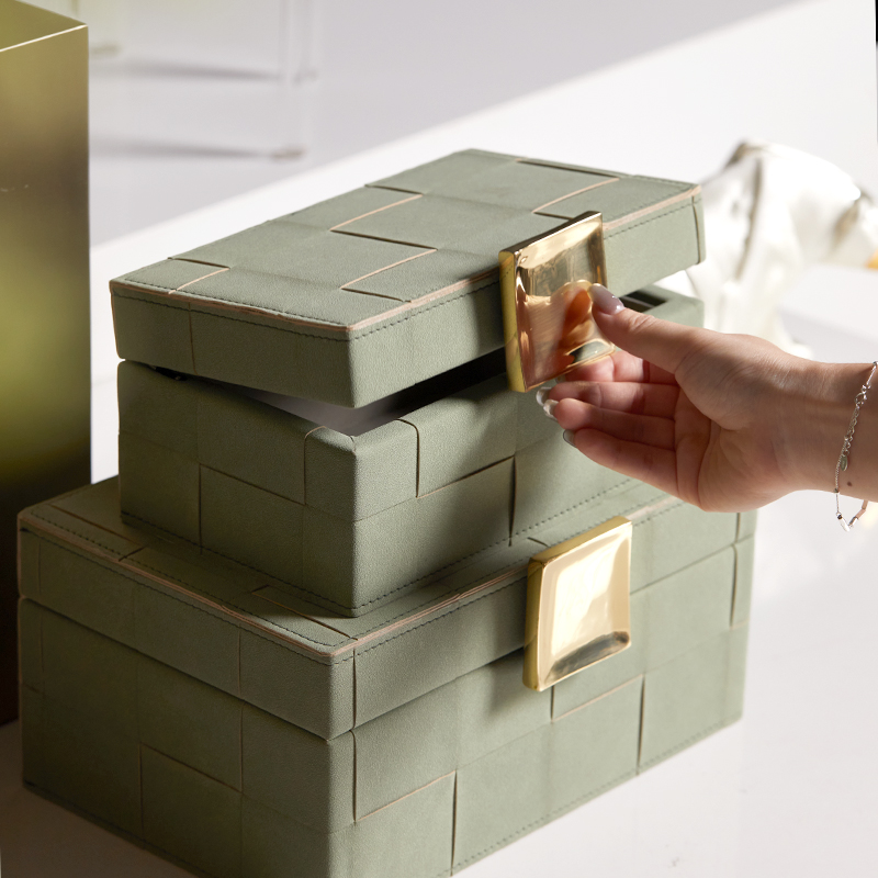 绿色皮质首饰盒高端高级感桌面收纳盒轻奢简约样板间装饰盒子摆件