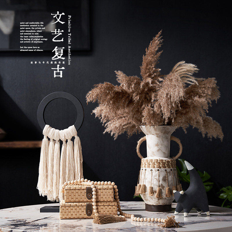侘寂风花瓶复古陶罐花器网红民宿软装棉麻流苏双耳陶瓷插花摆件大,家居饰品,花瓶,淘宝优惠券,粉丝福利购,淘宝优惠卷