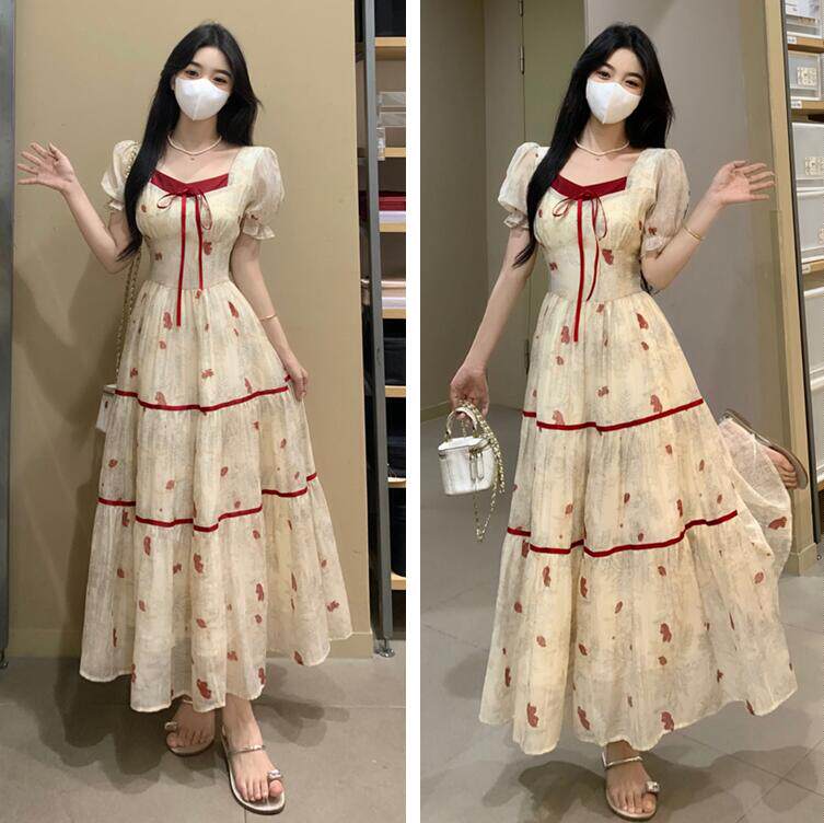 法式拼色印花连衣裙高级感长裙