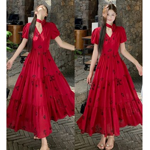 大码法式气质V领红色连衣裙女夏季胖mm高级感收腰遮肚显瘦长裙子