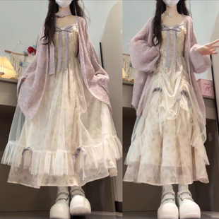 大码超仙碎花吊带连衣裙套装女秋季胖mm针织毛衣网纱长裙子两件套