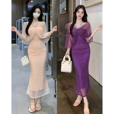 纯色韵味高腰包臀连衣裙纯欲鱼尾