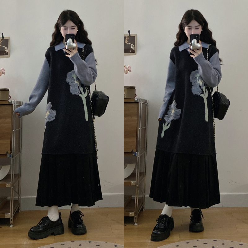大码假两件拼接针织提花连衣裙女秋冬胖妹妹宽松长款百褶毛衣裙子