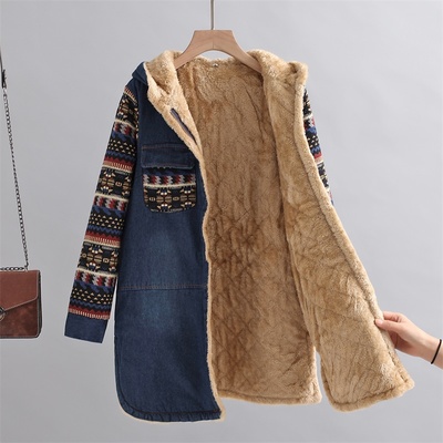 冬季牛仔棉衣女加绒加厚民族风绣花D时尚拼接中长款显瘦外套大衣