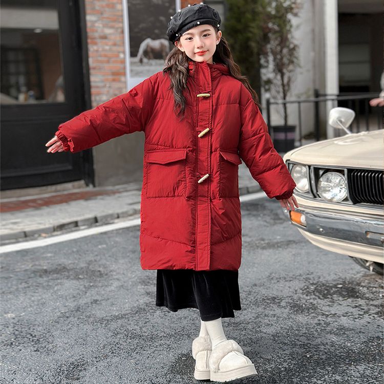 女童中长款羽绒服2025新款冬季白鸭绒女孩牛角扣加厚保暖外套