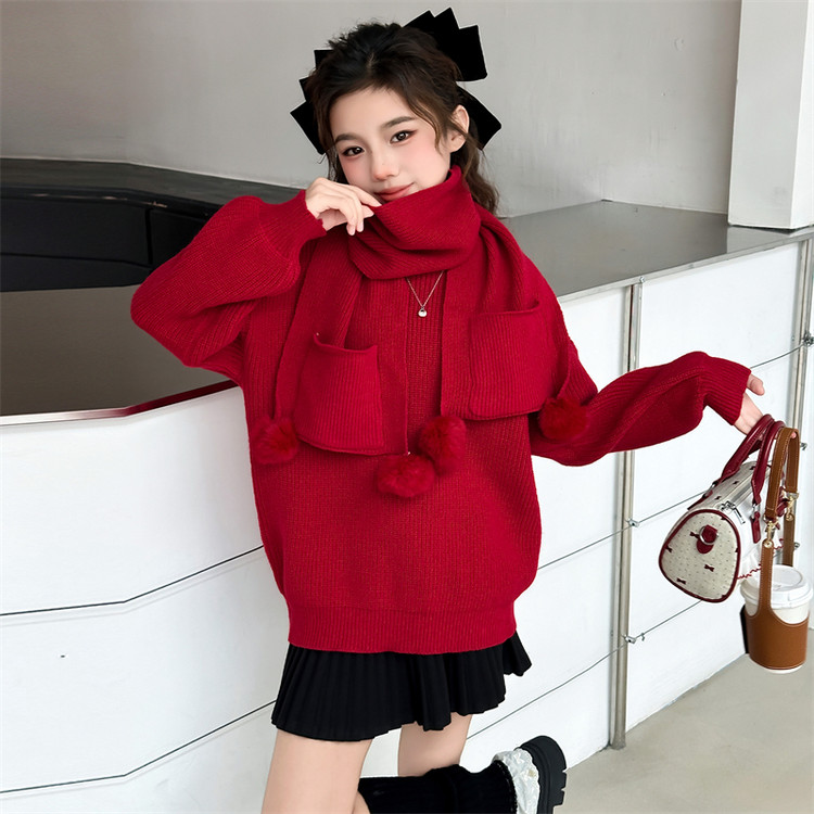 女童秋冬毛衣2025新款儿童加厚打底针衫冬季中长款红色连衣裙
