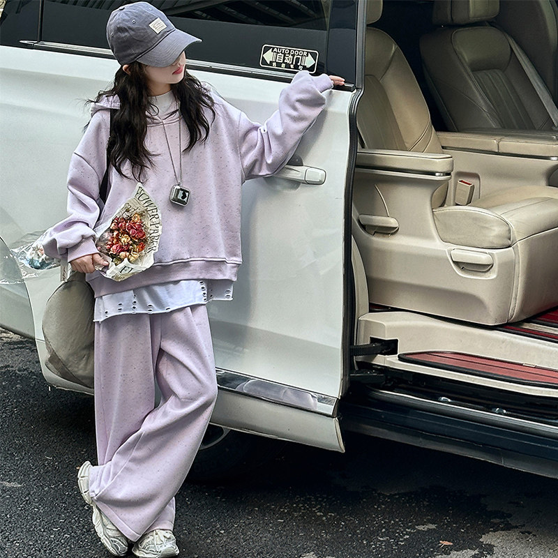 女童秋冬款韩版休闲加厚马甲加绒卫衣套装女大童洋气时髦儿童装潮