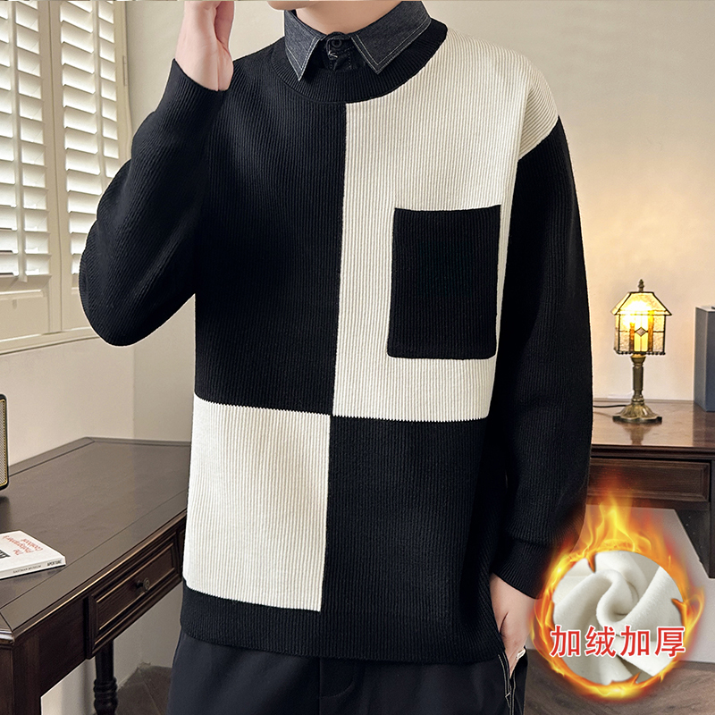假两件衬衫领针织衫男士加绒加厚