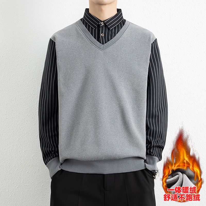 假两件衬衫领针织衫男加绒保暖