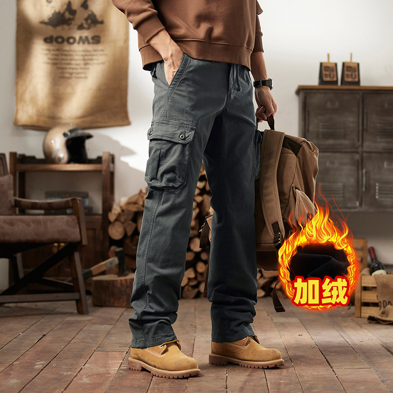 新款简约百搭美式工装风多口袋休闲裤男加绒加厚直筒长裤保暖裤,男装,休闲裤,淘宝优惠券,粉丝福利购,淘宝优惠卷
