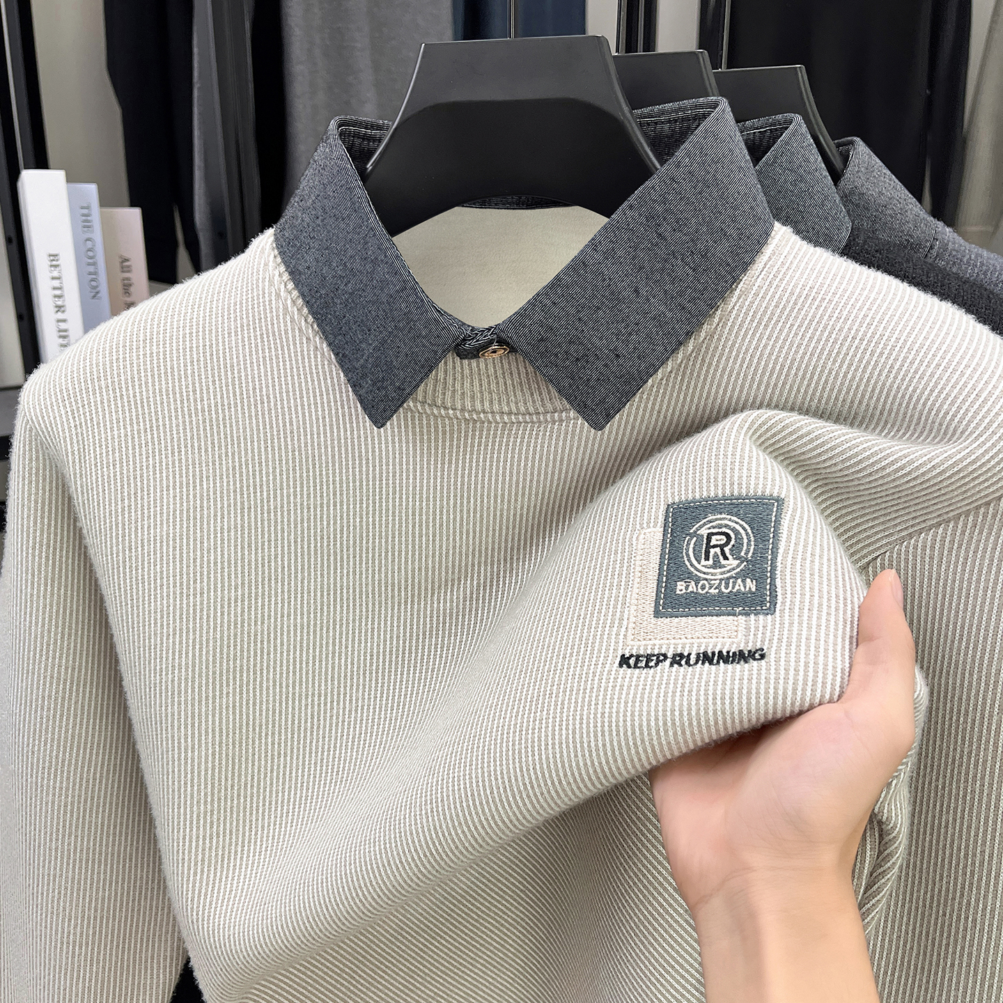 衬衫领假两件加绒加厚保暖毛衣