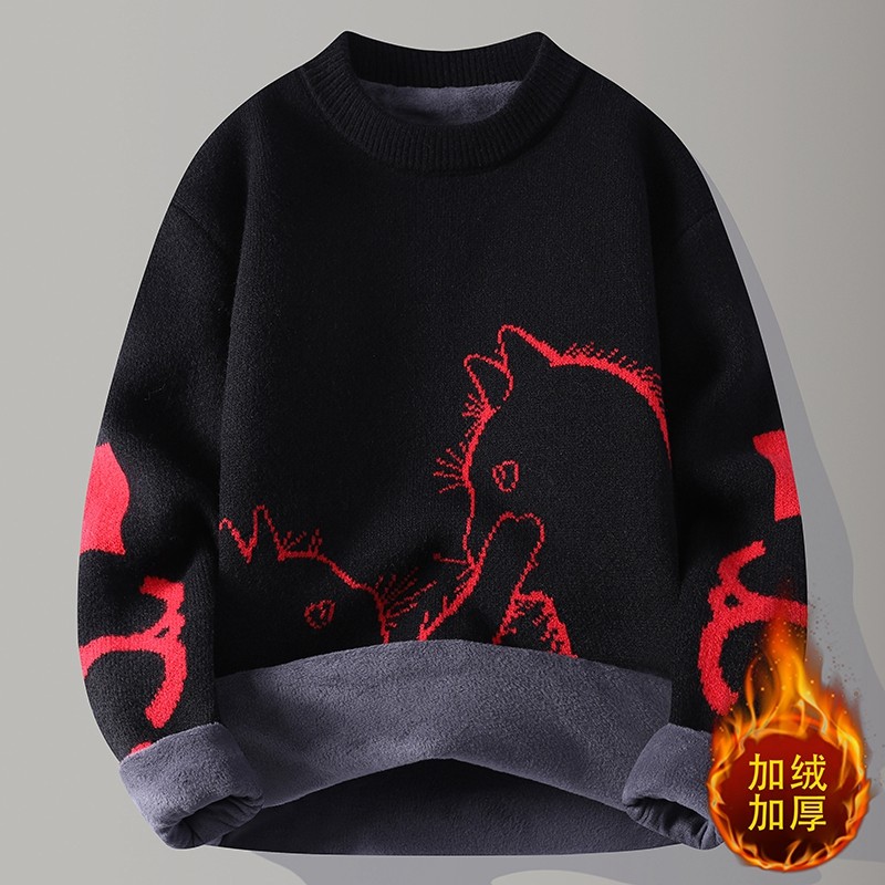 简约百搭少年感猫咪图案毛衣男加绒加厚圆领针织衫青少年保暖上衣
