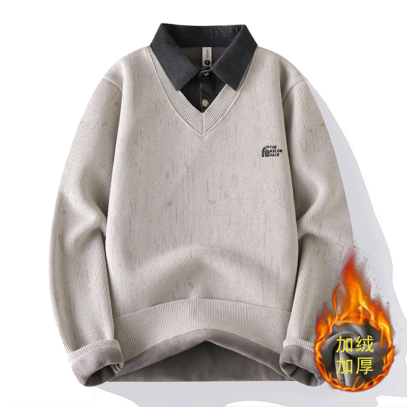 男假两件衬衫领针织衫毛衣打底衫