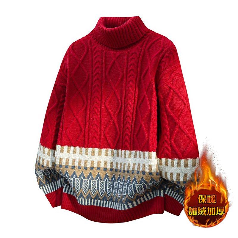 2025新款简约复古高领麻花纹针织毛衣男红色加厚保暖宽松男士毛衣