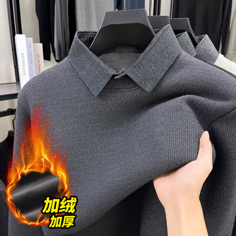 男士衬衫领针织衫加绒加厚保暖