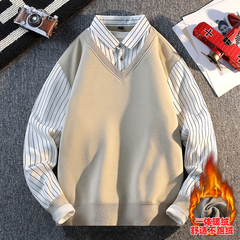 假两件衬衫领针织衫男加绒加厚