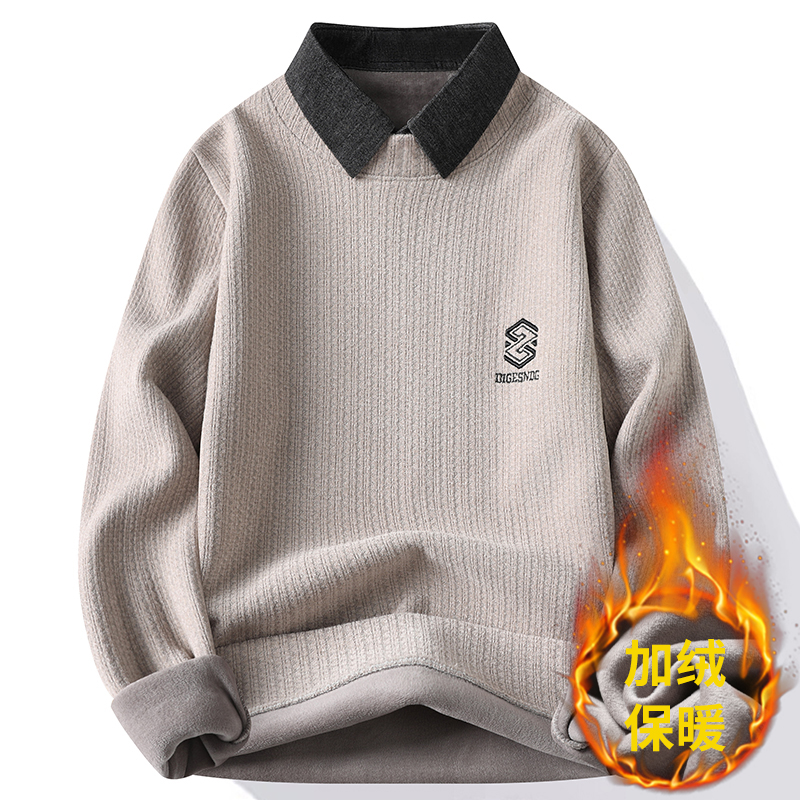 衬衫领针织衫男加绒加厚保暖毛衣