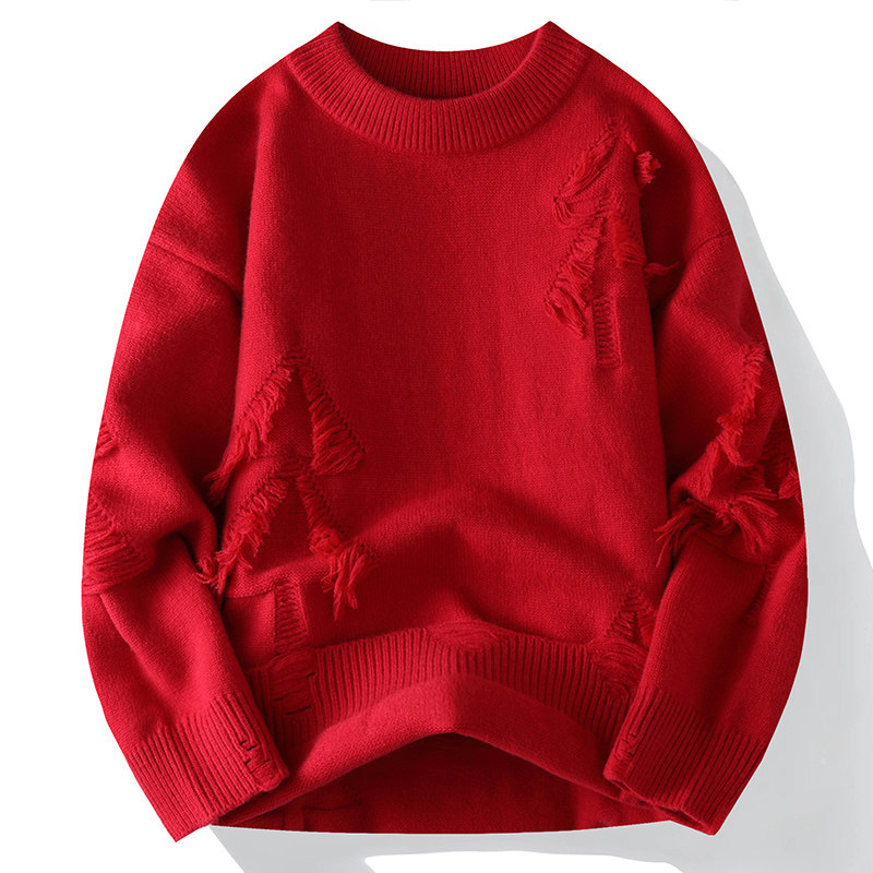 本命年红色破洞加厚男针织衫毛衣