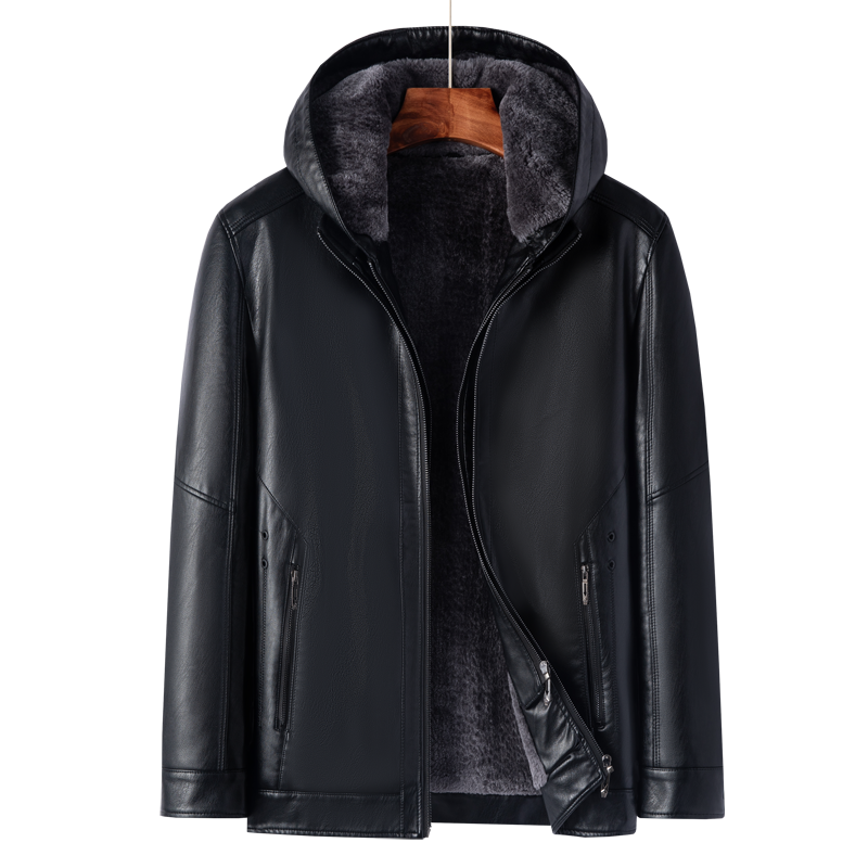 连帽皮衣加绒加厚真皮夹克羊羔绒