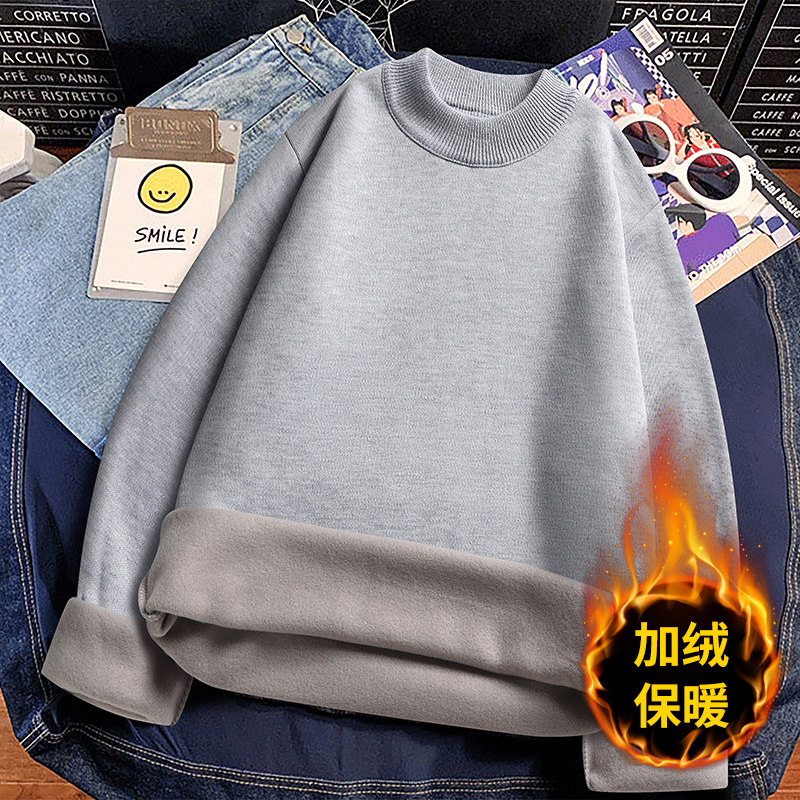 基础款半高领加绒毛衣男女同款冬季一体绒加厚修身显瘦长袖打底上