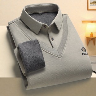 衬衫 秋冬款 长袖 加绒加厚中年毛衣爸爸装 领假两件中老年衬衣男 男士