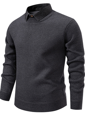 新简约百搭男士灰色衬衫领假两件针织衫商务休闲套头毛衣保暖上衣