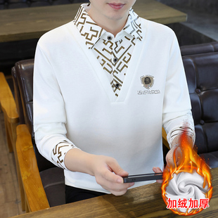 2025新款男士假两件翻领卫衣加绒加厚长袖上衣潮牌印花POLO衫打底