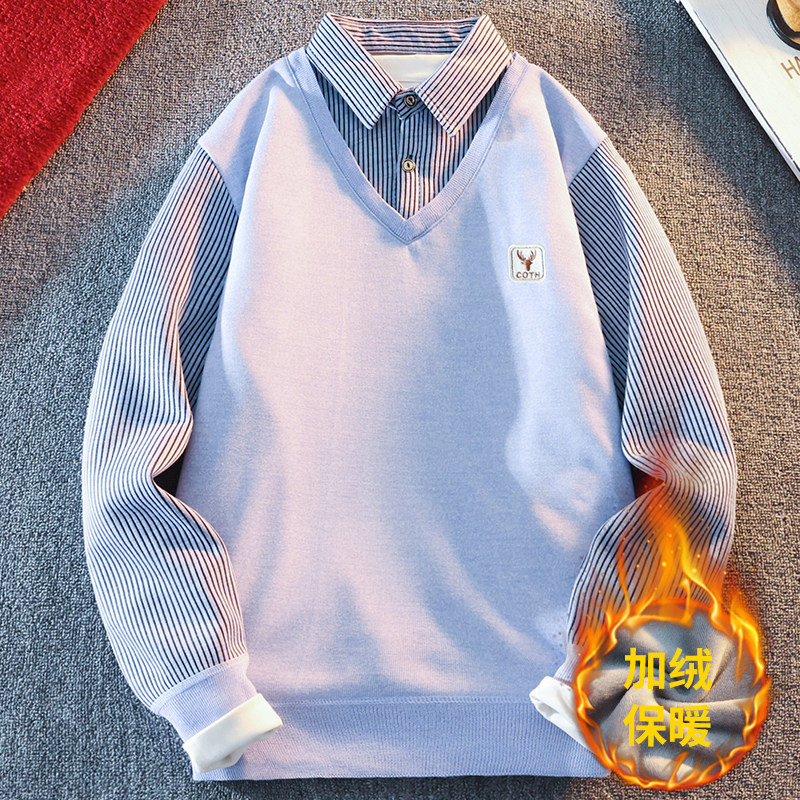 2025新款冬季加绒加厚保暖毛衣男士假两件衬衣领外套针织衫上衣,男装,针织衫/毛衣,淘宝优惠券,粉丝福利购,淘宝优惠卷