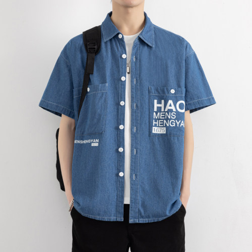 HUNTGOLD纯棉男短袖牛仔衬衫
