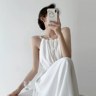 设计感小众法式 挂脖吊带连衣裙女新款 茶歇雪纺长裙子 白色无袖 夏季