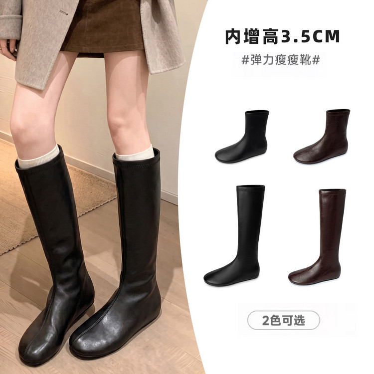 春秋牛反绒磨砂皮粗跟中筒时装靴
