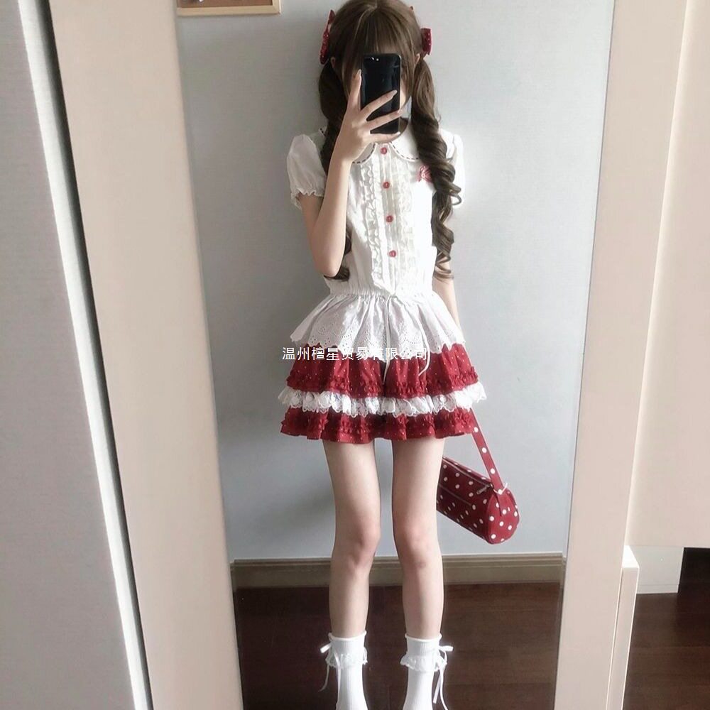 夏日莓莓日系甜美衬衫短裙两件套可爱蝴蝶结蕾丝花边小个子套装女