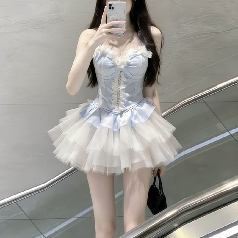 纯欲风性感甜美辣妹套装女夏季抹胸短款上衣显瘦蓬蓬半身裙两件套