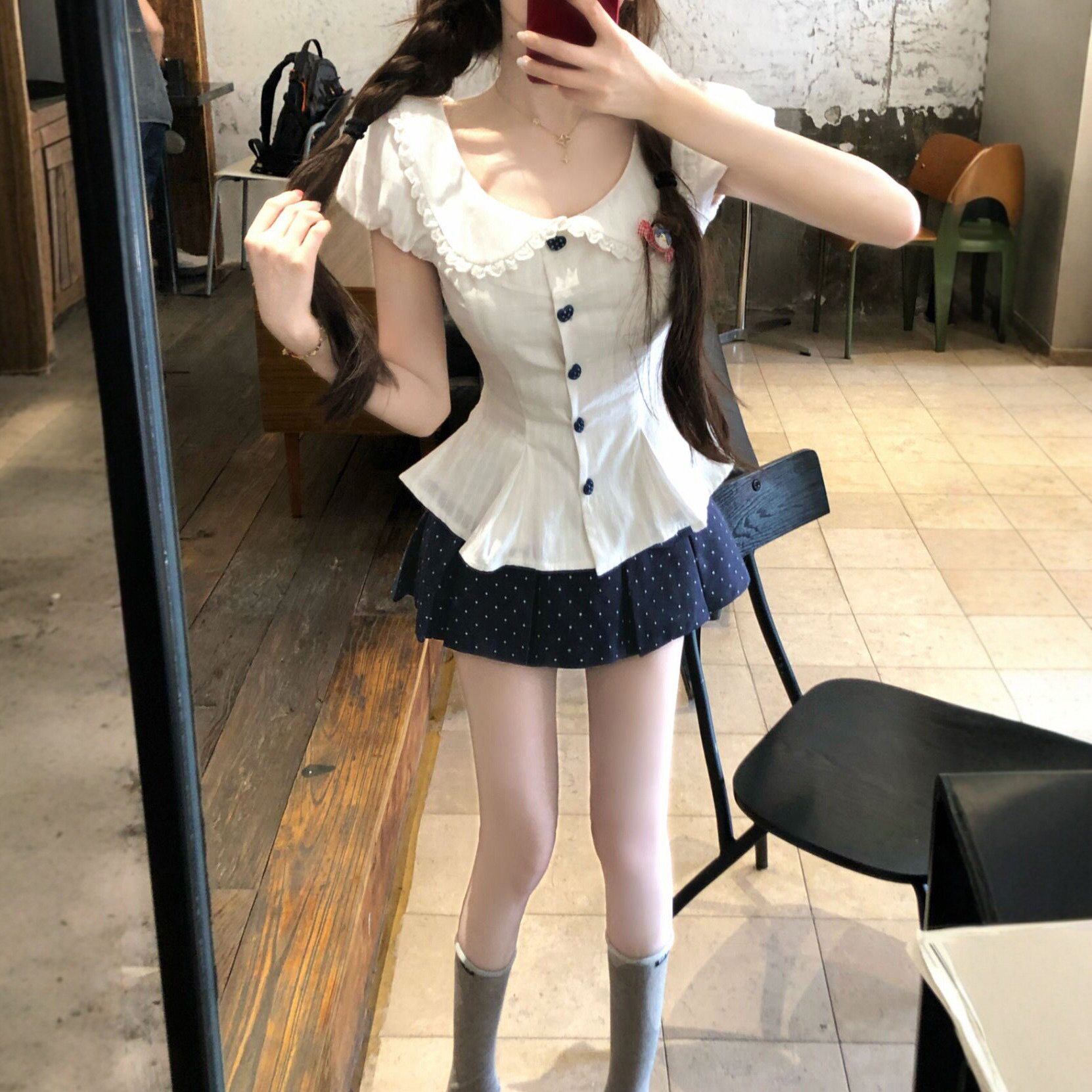 法式甜美娃娃领收腰绑带泡泡袖上衣女春夏新款波点半身裙两件套装