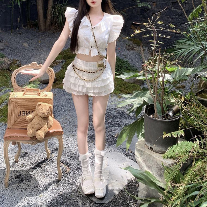 甜美辣妹气质名媛套装女夏季短款镂空衬衫上衣蛋糕半身短裙两件套