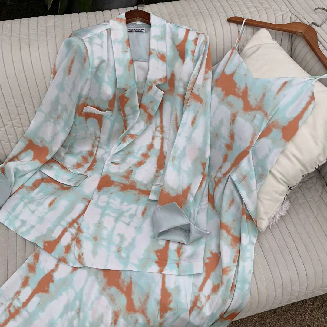 春夏气质扎染水墨缎面真丝吊带连衣裙防晒衣西装外套装两件套女
