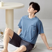 男士 睡衣夏款 短袖 短裤 新款 青少年夏季 圆领家居服套装 跨境