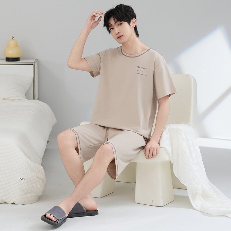 男士睡衣夏季纯棉薄款圆领短袖短裤青少年宽松大码休闲简约