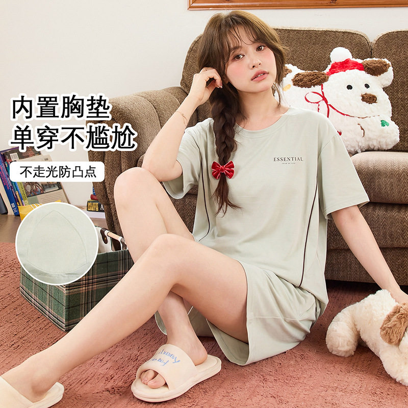 带胸垫睡衣女士夏季纯棉短袖短裤新款韩版宽松休闲夏天家居服套装