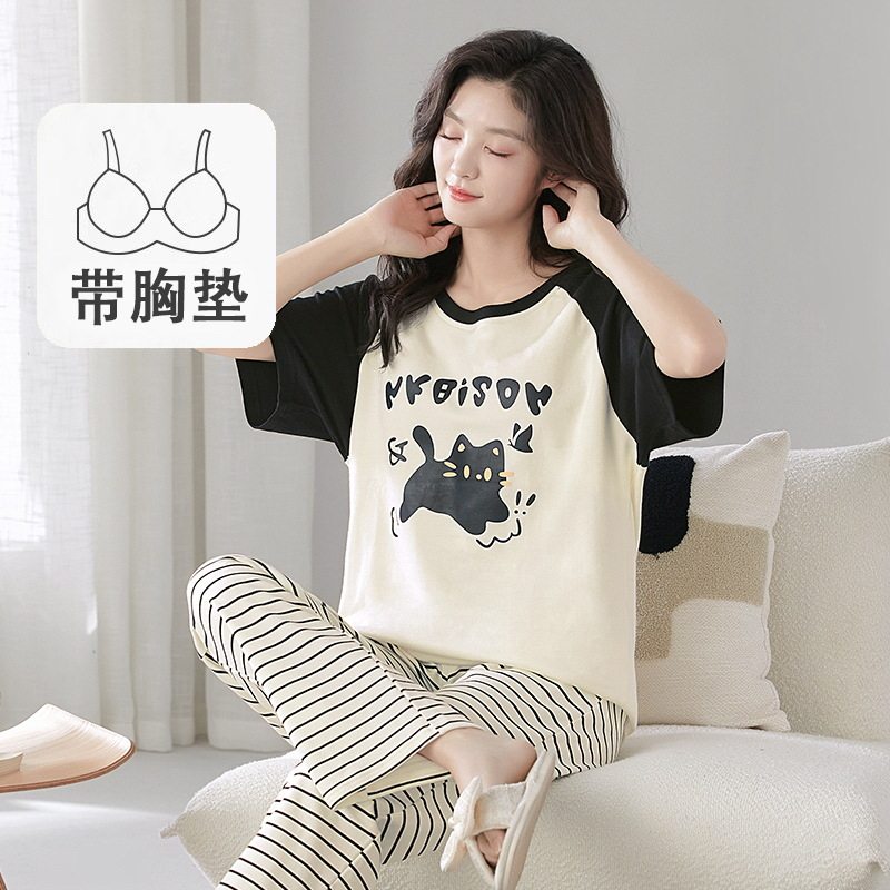 睡衣女士夏季带胸垫休闲卡通夏天可外穿短袖长裤薄款家居服套装女