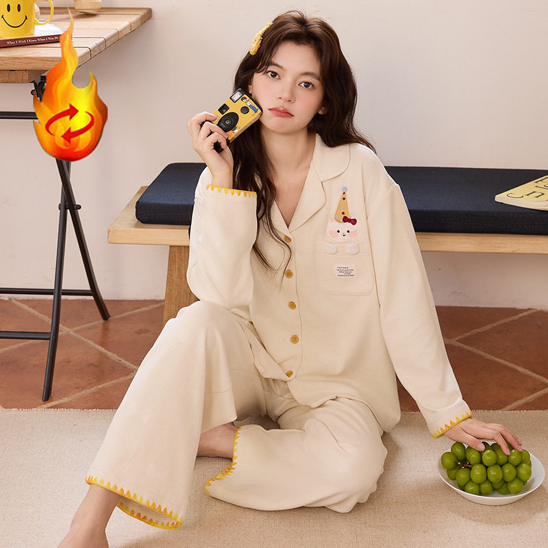 睡衣秋冬款女蚕丝羊毛德绒加厚长袖开衫蓄热保暖甜美家居服可外穿