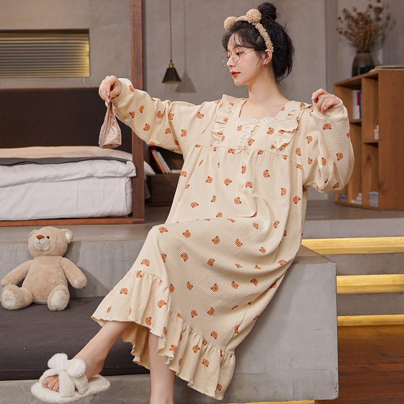 批发睡裙女春秋款棉质长袖2024年新款睡衣春夏季甜美裙家居服外贸