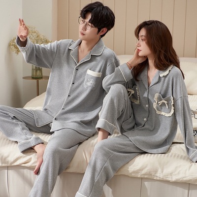情侣睡衣女春秋冬新款韩版可爱长袖开衫华夫格休闲男家居服可外