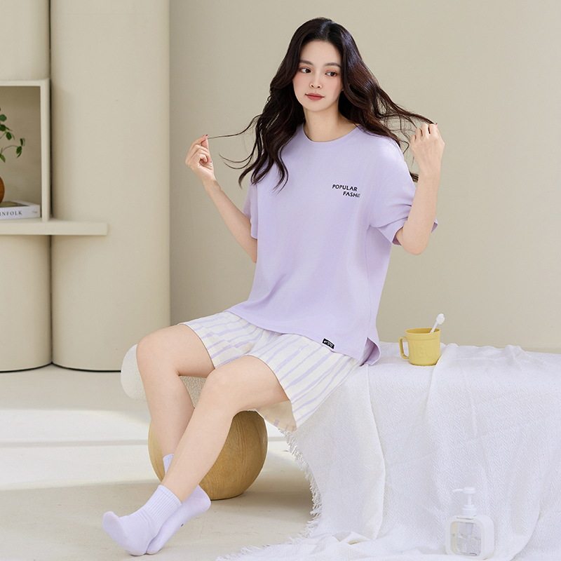 睡衣女款夏季纯棉短裤短袖简约休闲夏天可外穿女式大码家居服套装