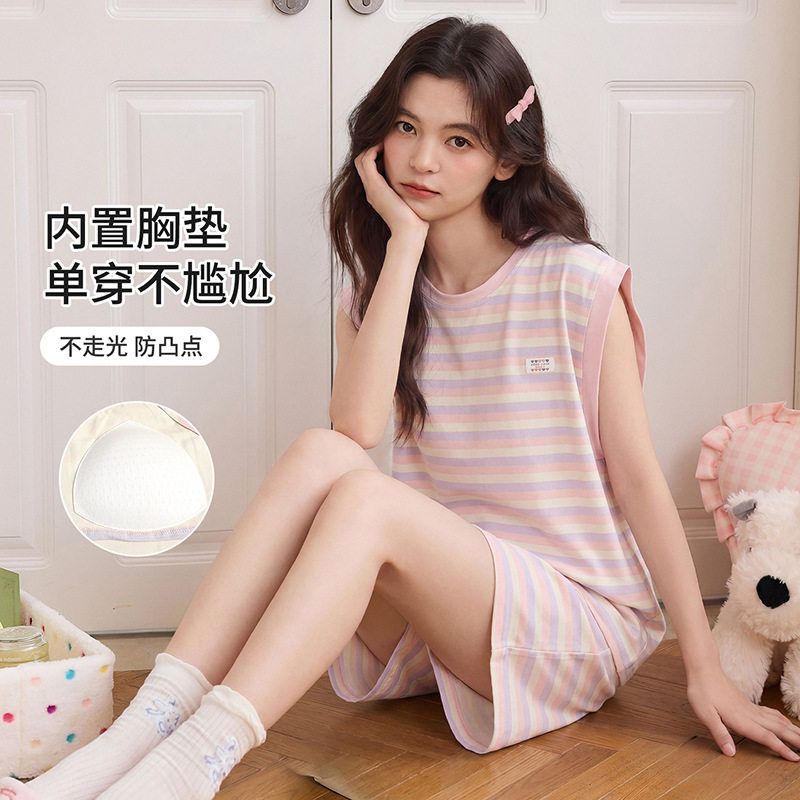 夏季新款带胸垫无袖睡衣套装少女爽棉可外穿短袖套装短裤家居服