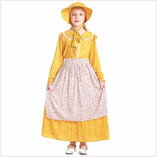 黄色碎花殖民地女孩 亚马逊货源草原先锋开拓者服装 田园风连衣裙