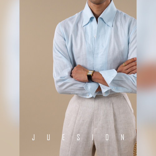 【清爽11支亚麻】JUESION 意式一片领衬衫男长袖透气商务休闲衬衣
