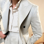 JUESION 戗驳领双排扣宽松免烫绅士休闲布雷泽西装 意式 西服男套装